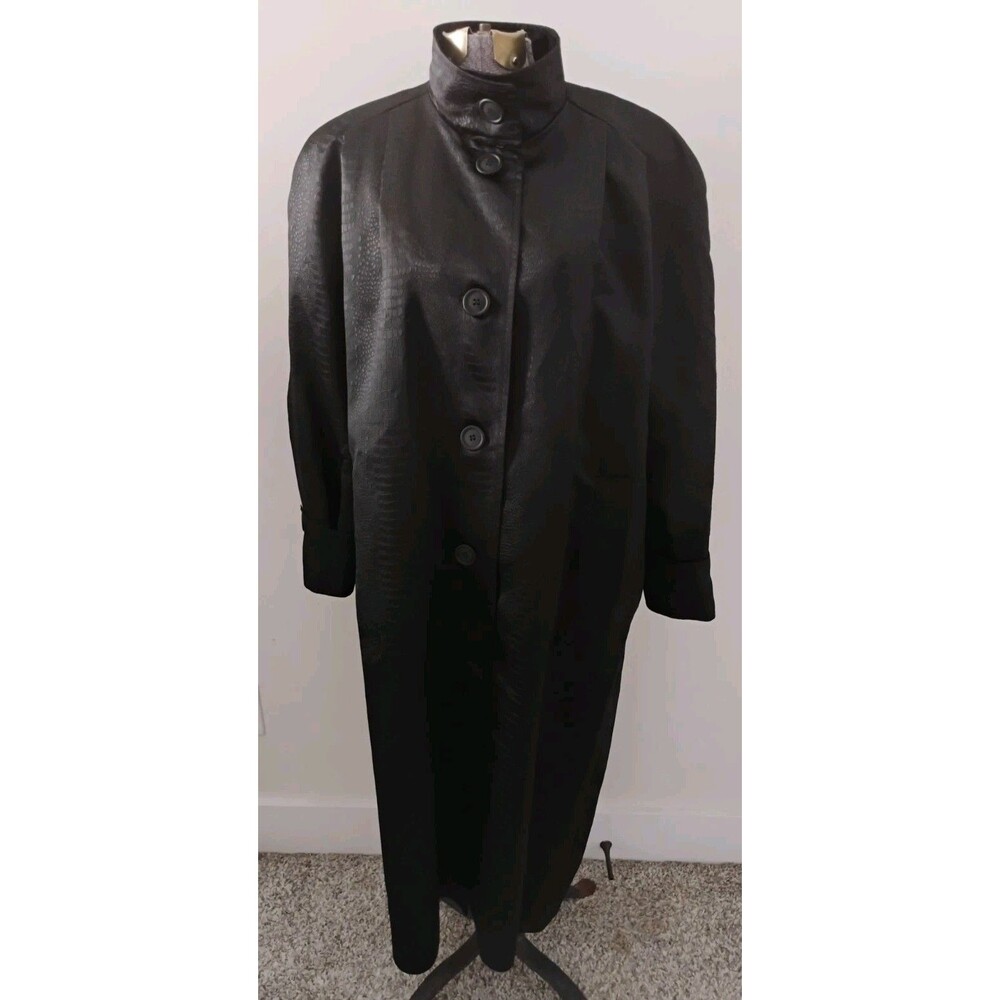 VTG Vision Black Trench Coat Women’s Sz M 90s Shiny Animal Print Shoulder Pads